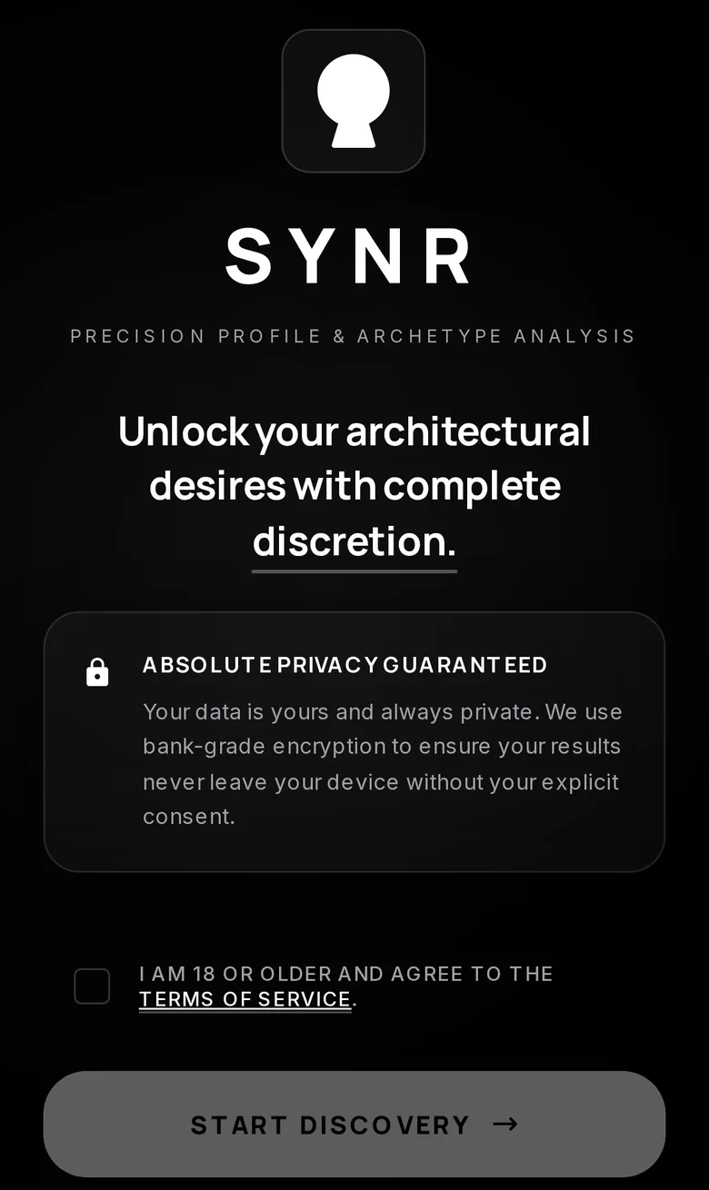 SYNR age verification screen with 18+ gate