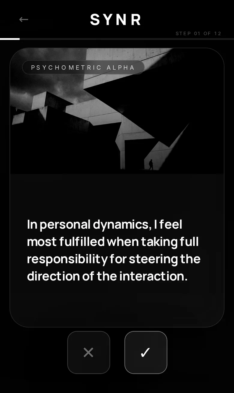 SYNR swipe-based archetype quiz card