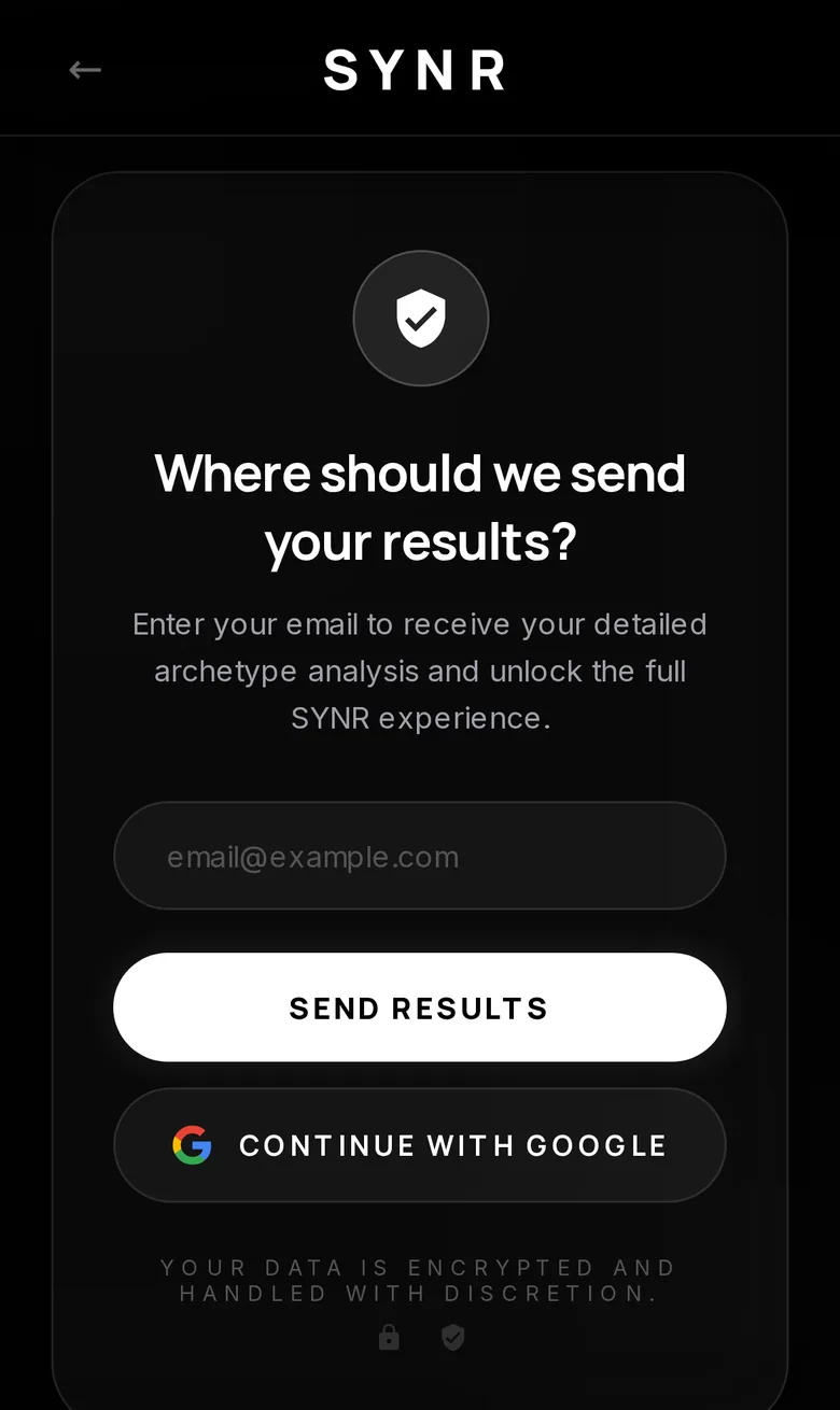 SYNR encrypted email entry screen