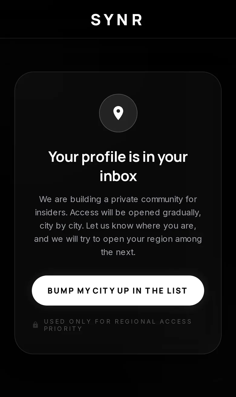 SYNR city-based regional waitlist screen